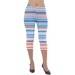 Blue And Coral Stripe 2 Lightweight Velour Capri Leggings 