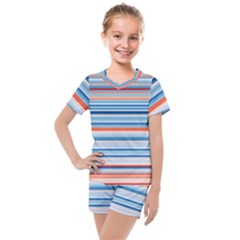 Blue And Coral Stripe 2 Kids  Mesh Tee and Shorts Set