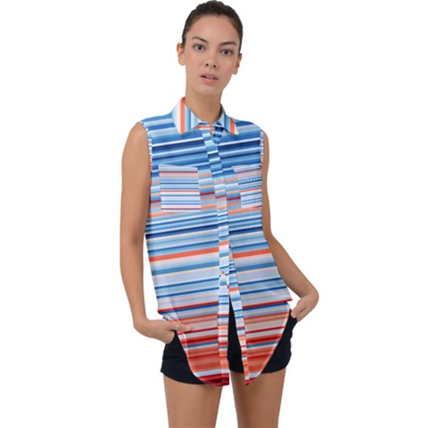 Blue And Coral Stripe 2 Sleeveless Chiffon Button Shirt by dressshop