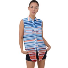 Blue And Coral Stripe 2 Sleeveless Chiffon Button Shirt