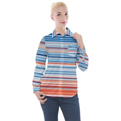 Blue And Coral Stripe 2 Women s Long Sleeve Pocket Shirt