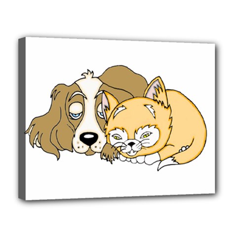 Dog And Kitten Nap Canvas 14  X 11  (framed)