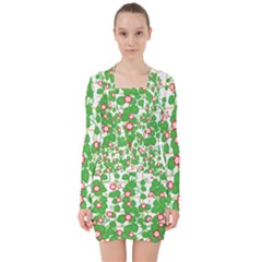 Flowering Vine Vine Ivy Flowers V-neck Bodycon Long Sleeve Dress