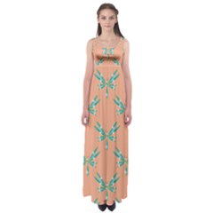 Turquoise Dragonfly Insect Paper Empire Waist Maxi Dress by Pakrebo