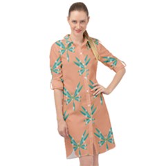 Turquoise Dragonfly Insect Paper Long Sleeve Mini Shirt Dress by Pakrebo