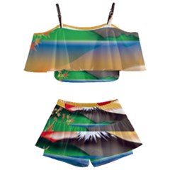 Mount Fuji Japan Lake Sun Sunset Kids  Off Shoulder Skirt Bikini by Pakrebo