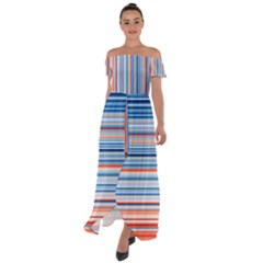 Blue and coral stripe 1 Off Shoulder Open Front Chiffon Dress