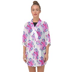 Blue Flowers On Pink Half Sleeve Chiffon Kimono by bloomingvinedesign