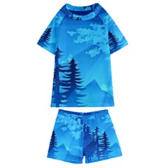 Forest Landscape Pine Trees Forest Kids  Swim Tee And Shorts Set by Pakrebo