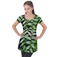 Fern Plant Leaf Green Botany Puff Sleeve Tunic Top by Pakrebo