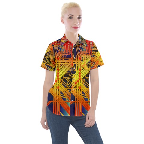 Board Circuits Control Center Trace Women s Short Sleeve Pocket Shirt by Pakrebo