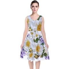 Flowers Roses White Mauve Babianas V-neck Midi Sleeveless Dress  by Pakrebo