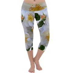 Roses Stamens Pollen Buds White Capri Yoga Leggings