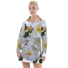 Roses Stamens Pollen Buds White Women s Long Sleeve Casual Dress by Pakrebo