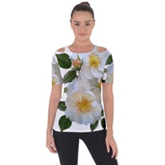 Roses Stamens Pollen Buds White Shoulder Cut Out Short Sleeve Top by Pakrebo