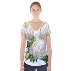 Rose White Flower Plumbago Short Sleeve Front Detail Top by Pakrebo