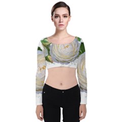 Flowers Roses White Fragrant Velvet Long Sleeve Crop Top