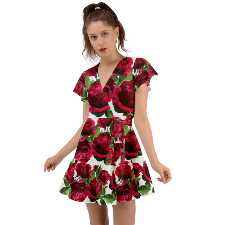 Roses Flowers Red Romantic Garden Flutter Sleeve Wrap Dress