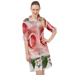 Roses Flowers Wax Flowers Long Sleeve Mini Shirt Dress