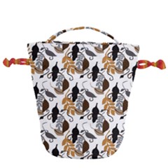 Gray Brown Black Neutral Leaves Drawstring Bucket Bag by bloomingvinedesign