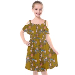 Textile Flowers Pattern Kids  Cut Out Shoulders Chiffon Dress