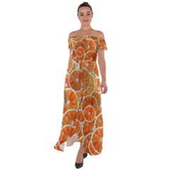 Oranges Background Off Shoulder Open Front Chiffon Dress by HermanTelo