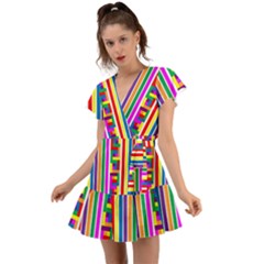 Rainbow Geometric Spectrum Flutter Sleeve Wrap Dress