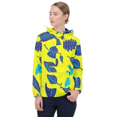 Leaves On A Yellow Background                                  Women Hooded Front Pocket Windbreaker by LalyLauraFLM