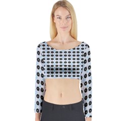 Black Flower On Blue White Pattern Long Sleeve Crop Top by BrightVibesDesign