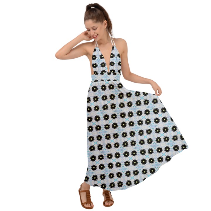 Black Flower On Blue White Pattern Backless Maxi Beach Dress