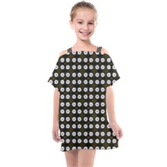 White Flower Pattern On Yellow Black Kids  One Piece Chiffon Dress by BrightVibesDesign