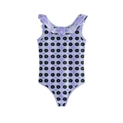 Black Flower  On Purple White Pattern Kids  Frill Swimsuit by BrightVibesDesign