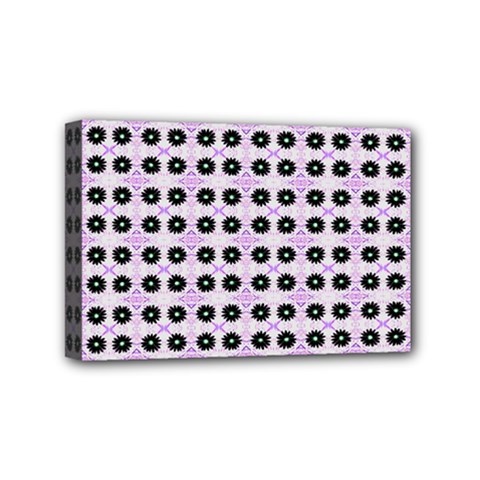 Black Flower On Pink White Pattern Mini Canvas 6  X 4  (stretched) by BrightVibesDesign