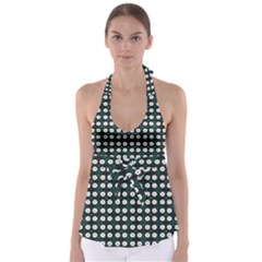 White Flower Pattern On Green Black Babydoll Tankini Top by BrightVibesDesign