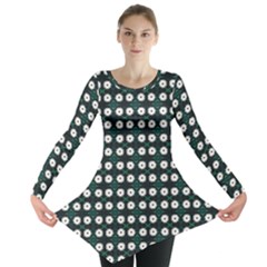 White Flower Pattern On Green Black Long Sleeve Tunic  by BrightVibesDesign