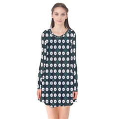 White Flower Pattern On Green Black Long Sleeve V-neck Flare Dress by BrightVibesDesign