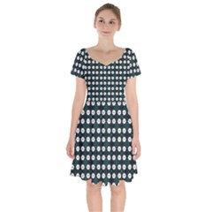 White Flower Pattern On Green Black Short Sleeve Bardot Dress by BrightVibesDesign