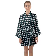 White Flower Pattern On Green Black Long Sleeve Kimono Robe by BrightVibesDesign