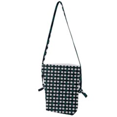 White Flower Pattern On Green Black Folding Shoulder Bag by BrightVibesDesign