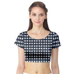 White Flower Pattern On Dark Blue Short Sleeve Crop Top by BrightVibesDesign