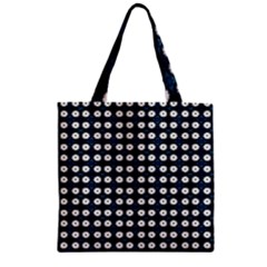 White Flower Pattern On Dark Blue Zipper Grocery Tote Bag by BrightVibesDesign