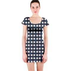 White Flower Pattern On Dark Blue Short Sleeve Bodycon Dress by BrightVibesDesign