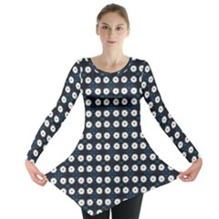 White Flower Pattern On Dark Blue Long Sleeve Tunic  by BrightVibesDesign