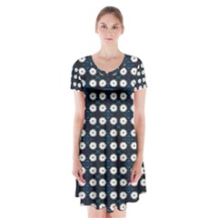 White Flower Pattern On Dark Blue Short Sleeve V-neck Flare Dress by BrightVibesDesign