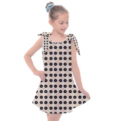Black Flower On Yellow White Pattern Kids  Tie Up Tunic Dress by BrightVibesDesign