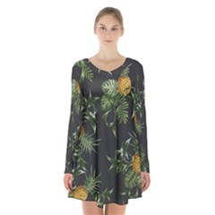 Pineapples Pattern Long Sleeve Velvet V-neck Dress by Sobalvarro