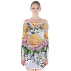 Flowers Arrangement Yellow Roses Long Sleeve Off Shoulder Dress by Simbadda