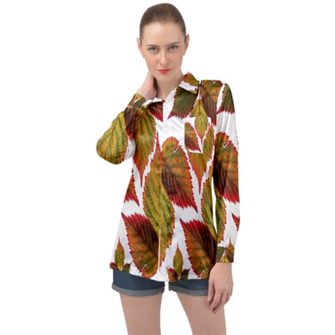 Leaves Autumn Fall Colorful Long Sleeve Satin Shirt by Simbadda