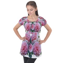 Roses Pink Flowers Arrangement Puff Sleeve Tunic Top by Simbadda