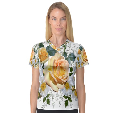 Flowers Roses White Yellow V-neck Sport Mesh Tee by Simbadda